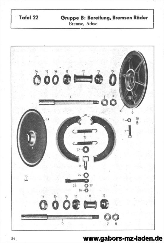 22. Front wheel brake, wheel bearing, wheel spindle