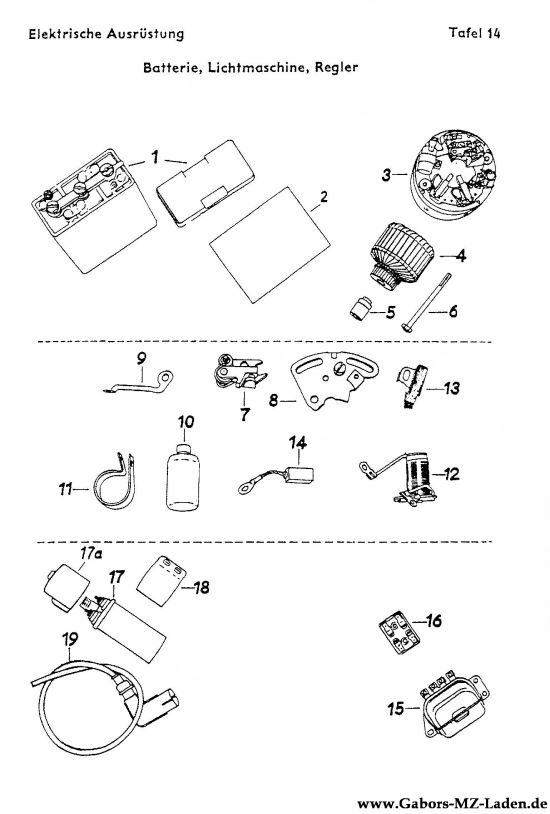 14. Batterie, Lichtmaschine, Regler, Zündspule