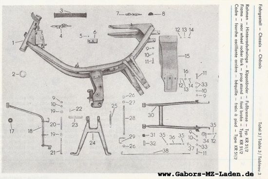 03. Rahmen, Hinterradschwinge, Kippständer, Fußbremse