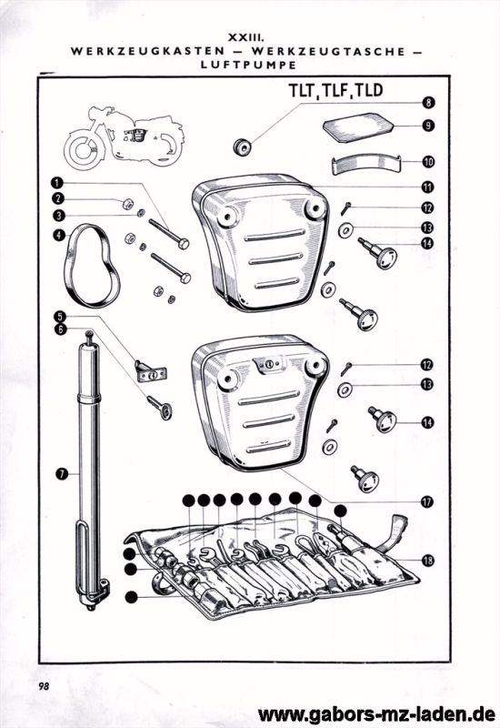 23. Caja de herramientas, bolsa de herramientas, bomba de neumáticos