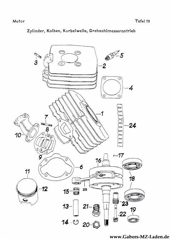 19. Zylinder, Kolben, Kurbelwelle, Drehzahlmesserantrieb