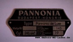 Typenschild Pannonia de Luxe P10