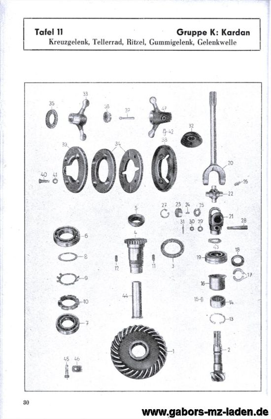 11. Cardan joint, bevel gear, pinion, rubber joint, cardan shaft