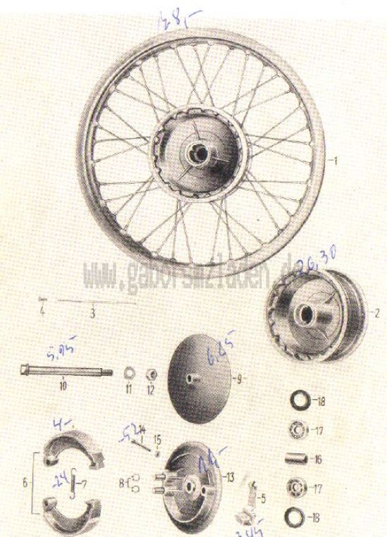 11. Rueda delantera, buje y tambor, freno, accionamiento del freno