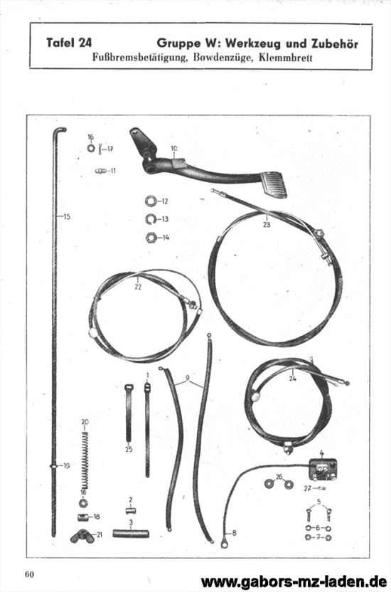 24. Fußbremsbetätigung, Bowdenzüge, Klemmbrett