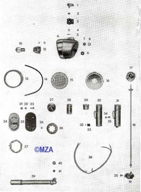 10. Scheinwerfer, Tachometer, Luftpumpe, Signalhorn