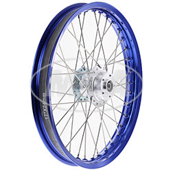 Speichenrad, 1,60x17 Zoll f. Scheibenbremse (Nabe silber, Alufelge blau eloxiert + poliert, Edelstahlspeichen) S51-S83