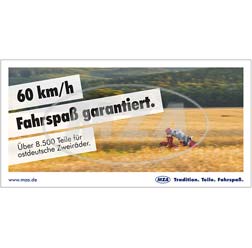 Werbebanner Mesh-PVC 340x173cm, umlaufend gesäumt und geöst, Motiv: 60km/h Fahrspaß garantiert