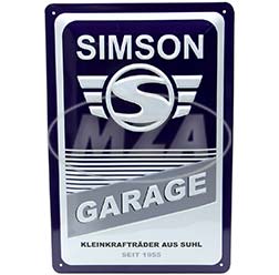 Blechprägeschild 20x30 cm, blau/weiß, Motiv: SIMSON-Garage